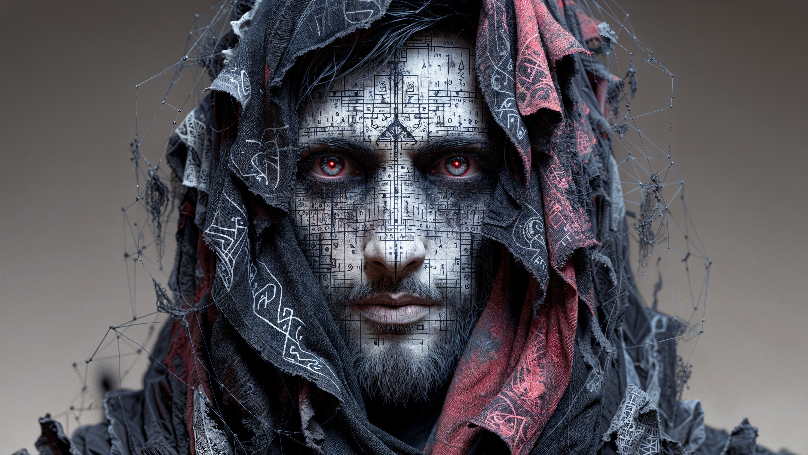 Enigmatic figure with red eyes and circuit patterns