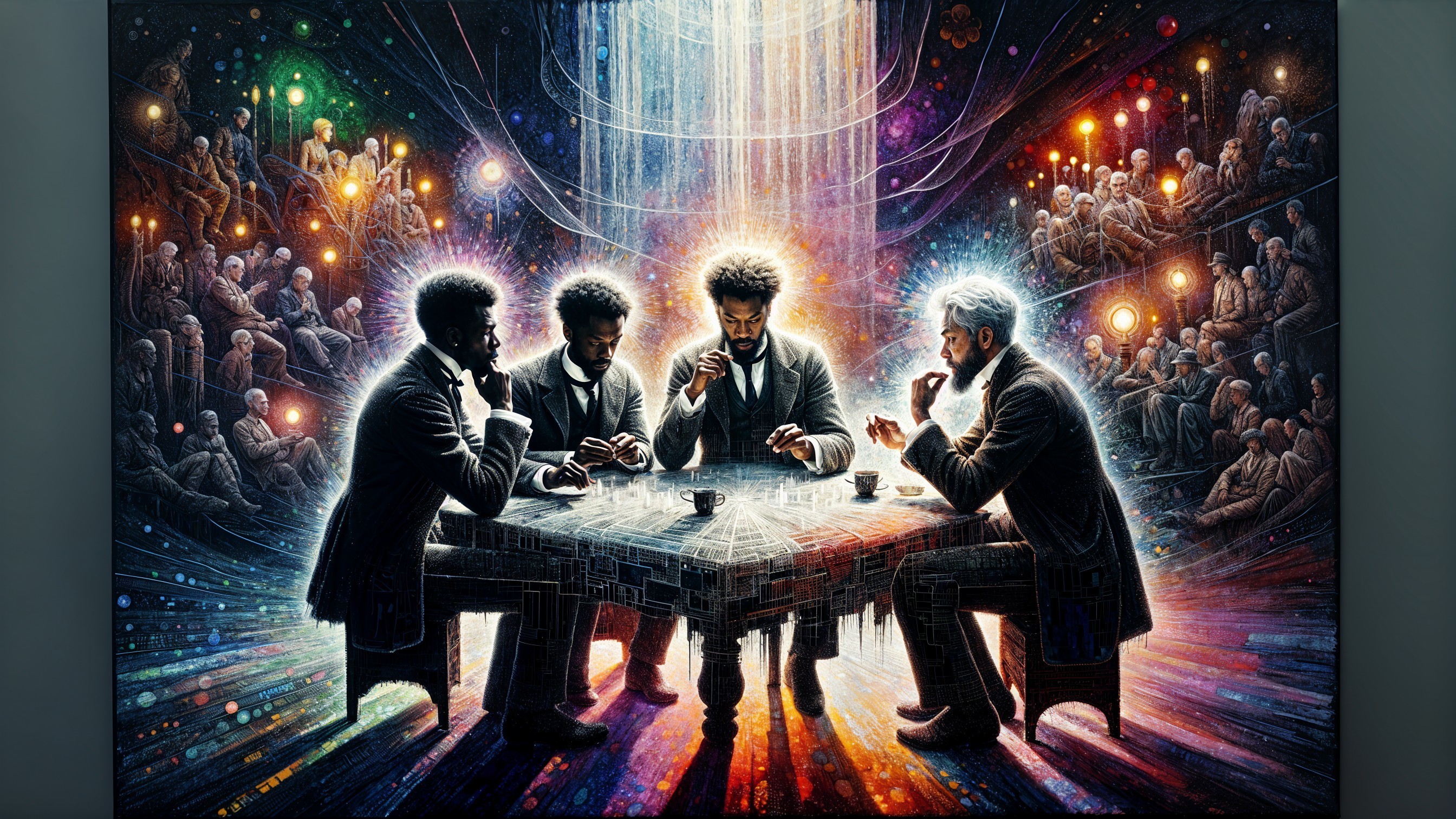 Surreal Chess Scene with Thoughtful Men and Ethereal Audience