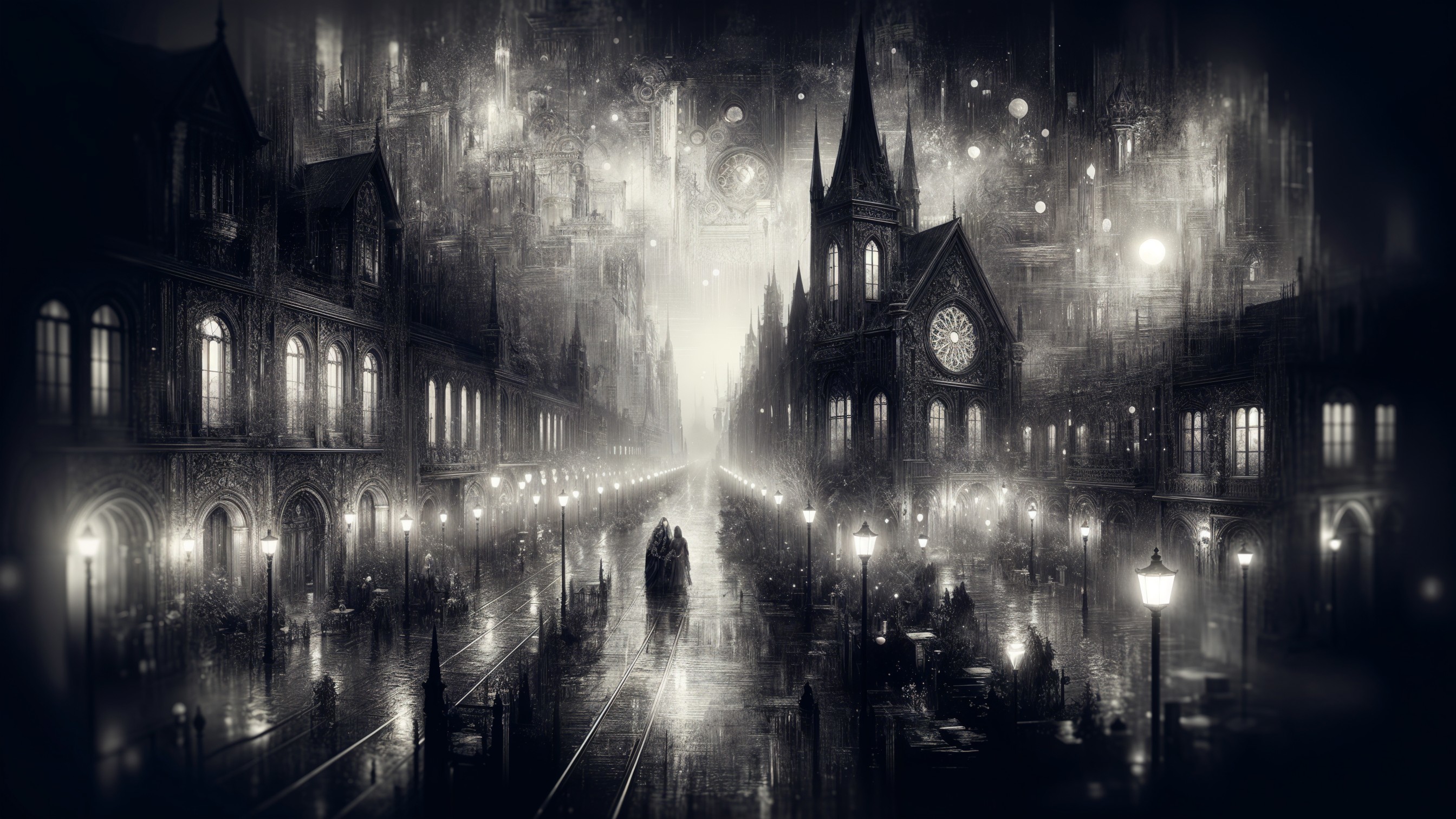 Gothic Cityscape in Mist with Dreamlike Atmosphere