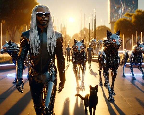 Futuristic scene with stylish figure and robotic wolves