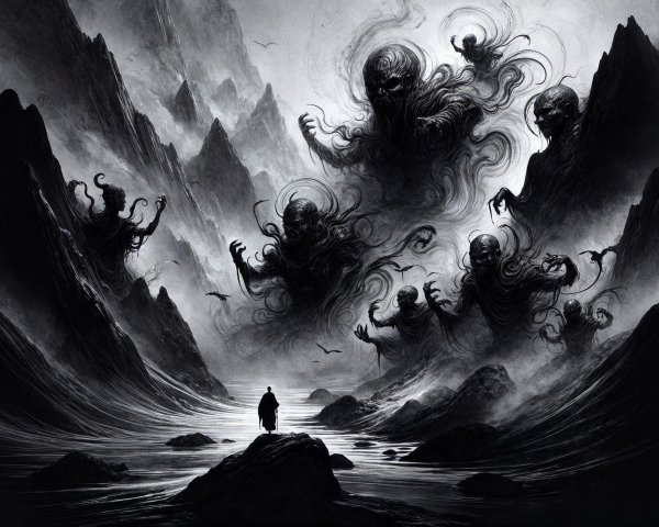 Solitary Figure on Rocks Overlooking Dark River Scene