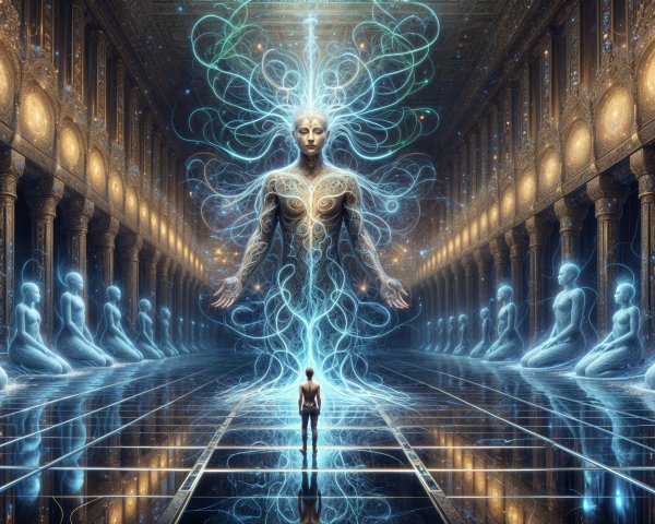 Majestic hall with radiant entity and spiritual themes