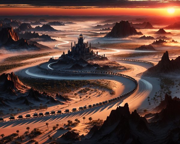 Fantasy Landscape with Castle and Winding River at Sunset