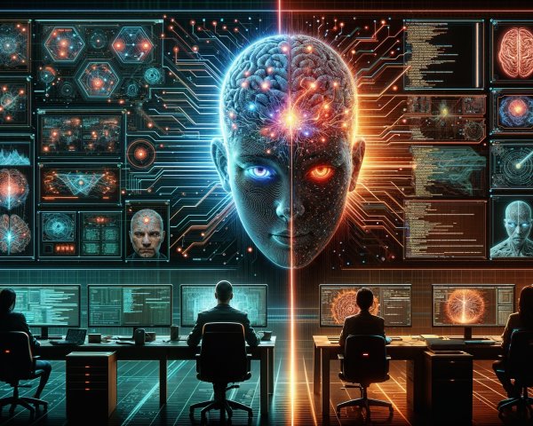 Futuristic Control Room with Holographic Displays and Brain