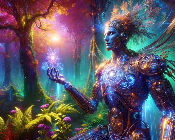 Humanoid Metal Figure in Enchanted Forest Setting