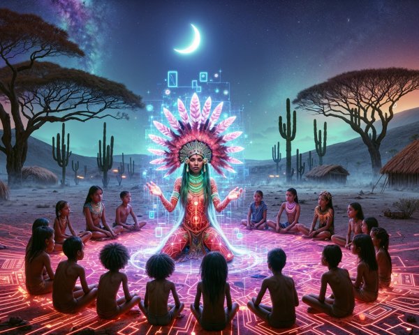 Mystical Desert Scene with Vibrant Deity and Children