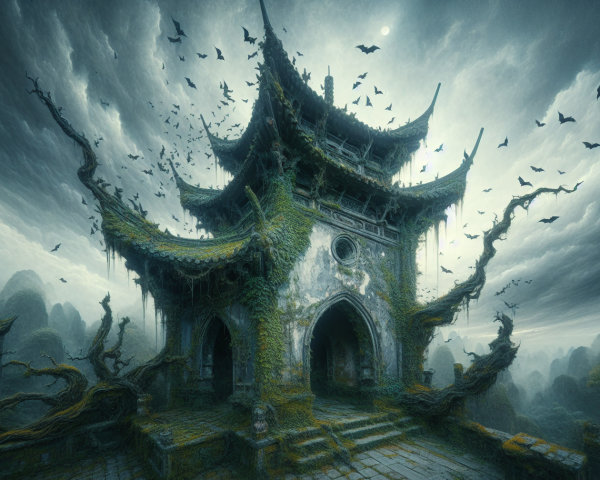 Dark Fantasy Painting of a Ruined Pagoda in Fog