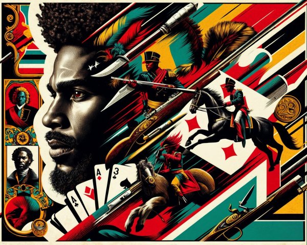 Portrait of a Man with Abstract Shapes and Historical Themes