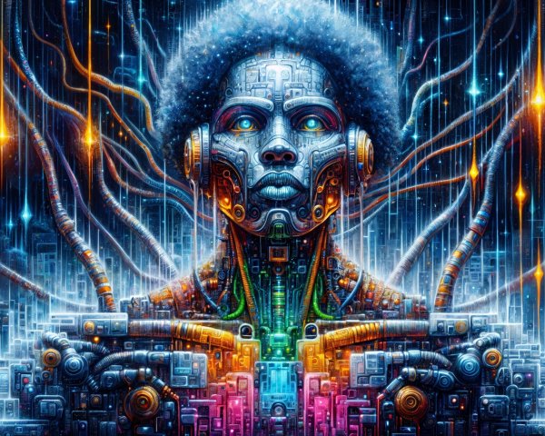 Futuristic humanoid figure with cybernetic features