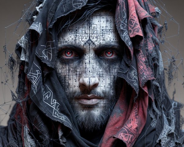 Enigmatic figure with red eyes and circuit patterns