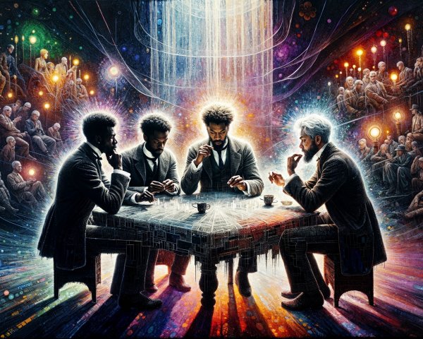 Surreal Chess Scene with Thoughtful Men and Ethereal Audience