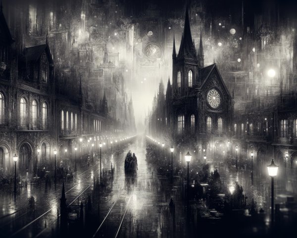Gothic Cityscape in Mist with Dreamlike Atmosphere