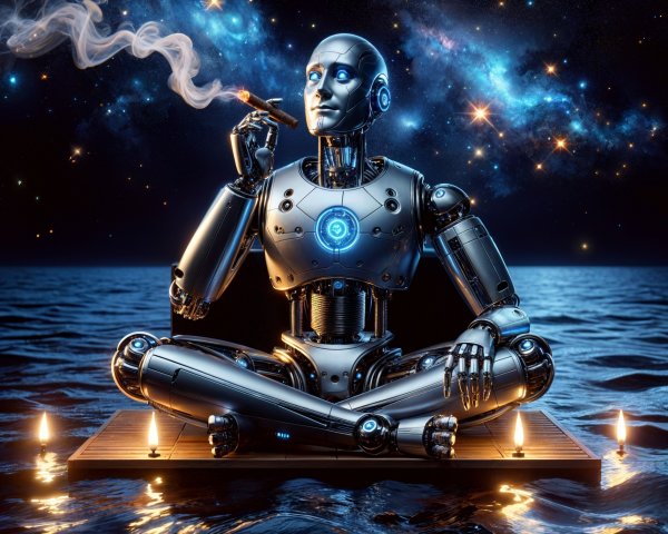 Metallic Robot on Floating Platform in Starry Waters