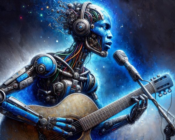 Futuristic Robot Performing Music in Cosmic Setting
