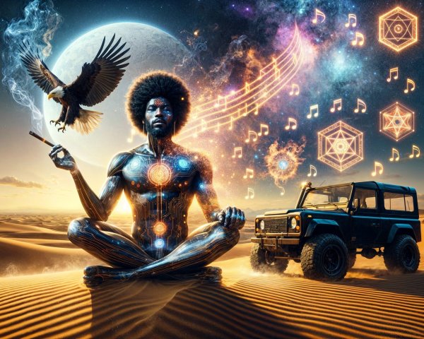 Meditative Figure in Cosmic Desert Landscape