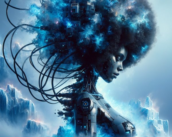 Futuristic humanoid with glowing circuitry hairstyle