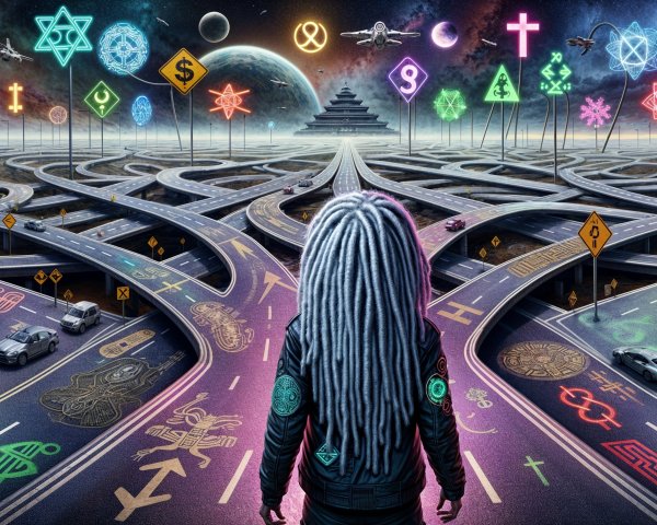 Surreal Landscape with Dreadlocked Figure and Symbols