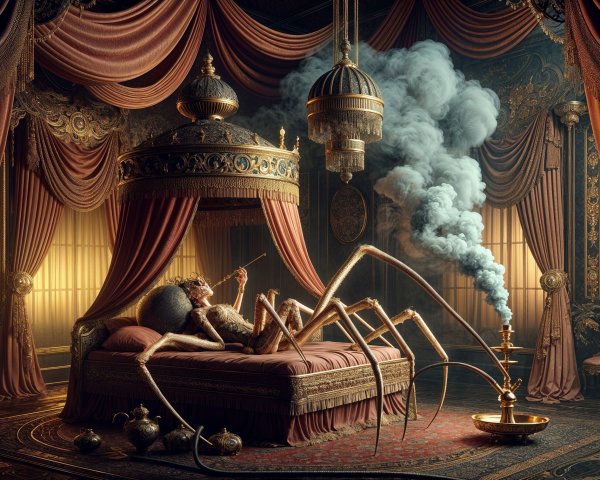Surreal Scene of Human and Spider in Opulent Room
