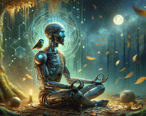 Futuristic Robot Meditating in a Mystical Forest