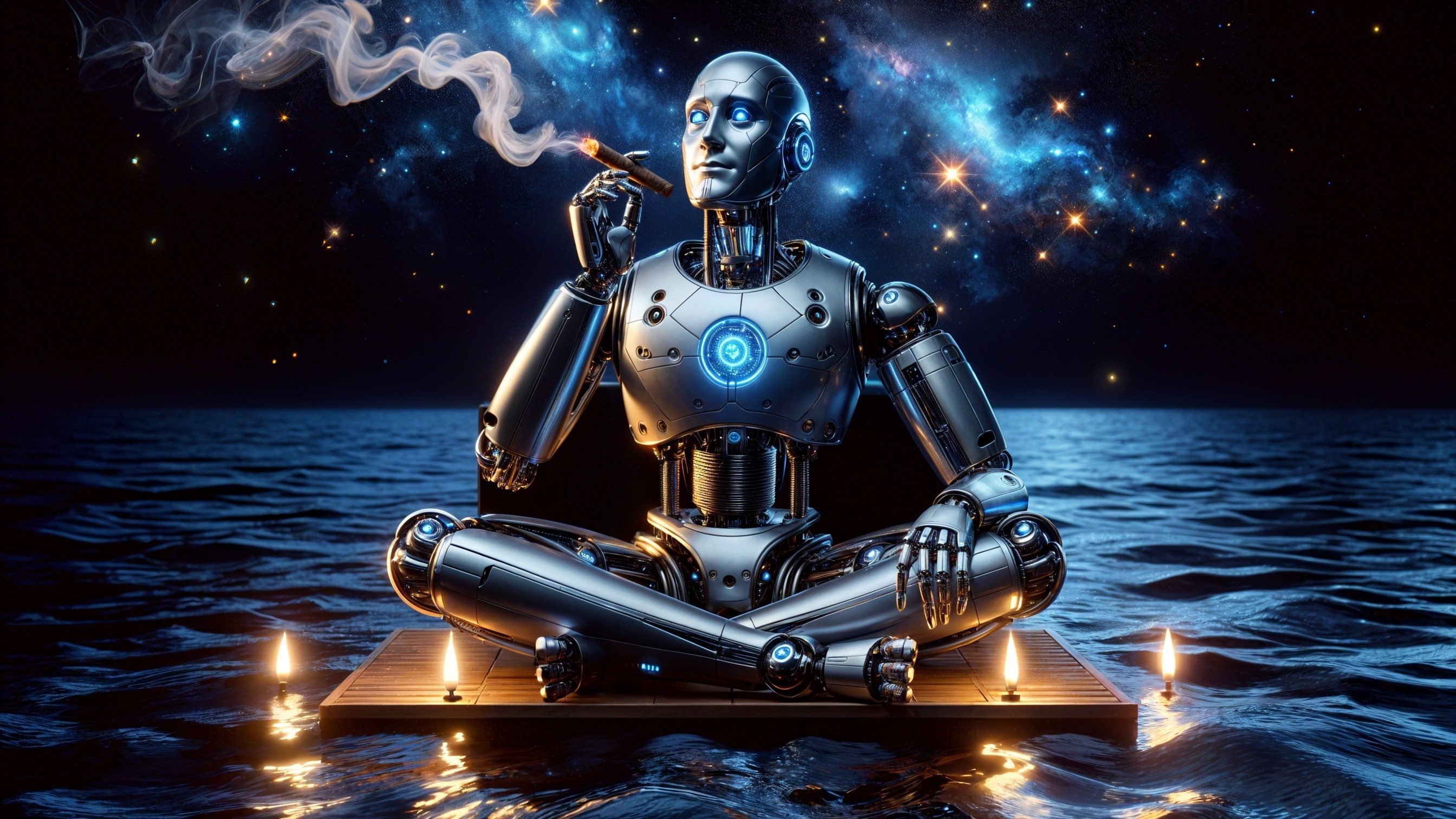 Metallic Robot on Floating Platform in Starry Waters