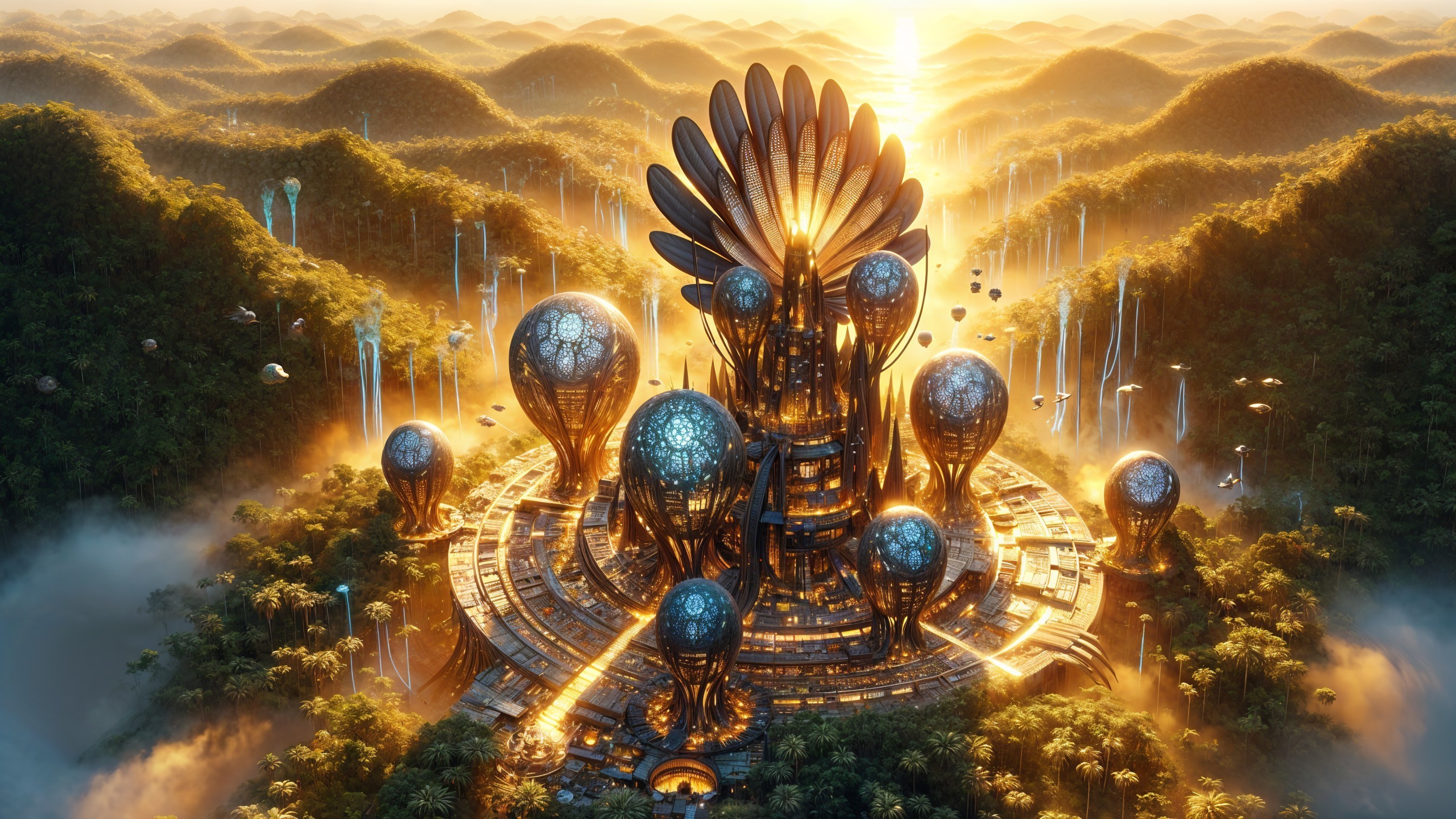 Futuristic cityscape with golden spires and foggy hills