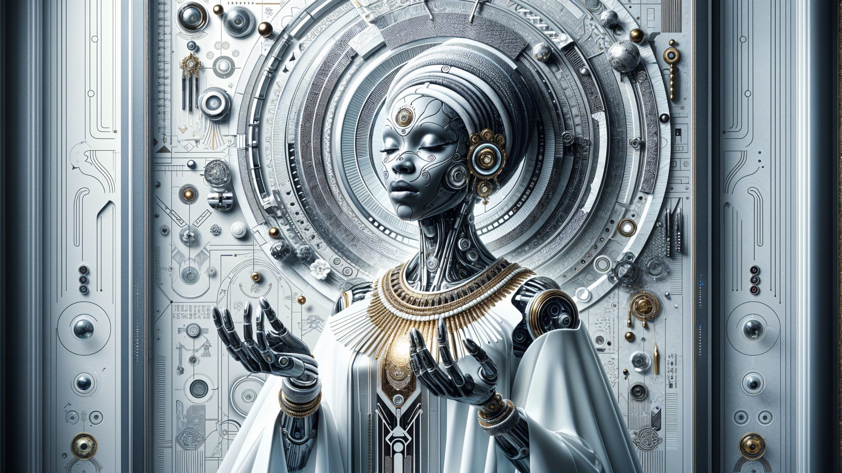 Futuristic humanoid robot with intricate metallic design