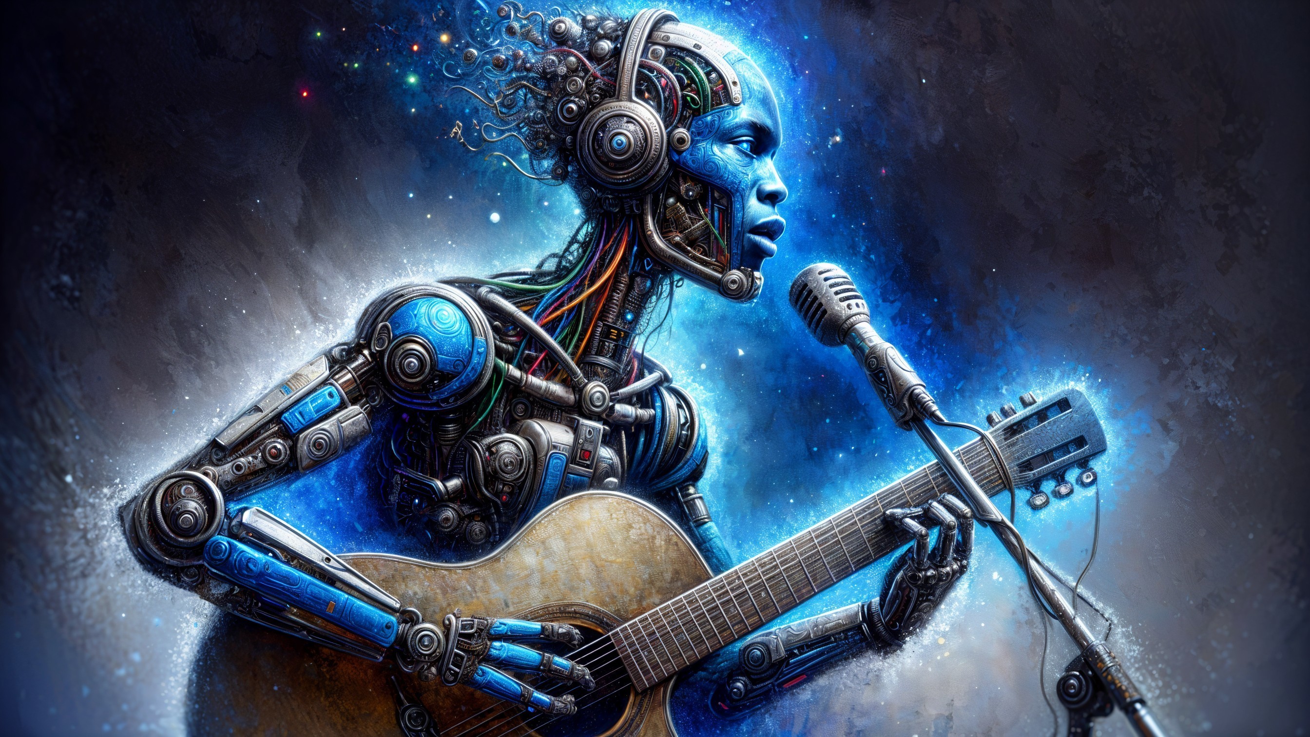 Futuristic Robot Performing Music in Cosmic Setting