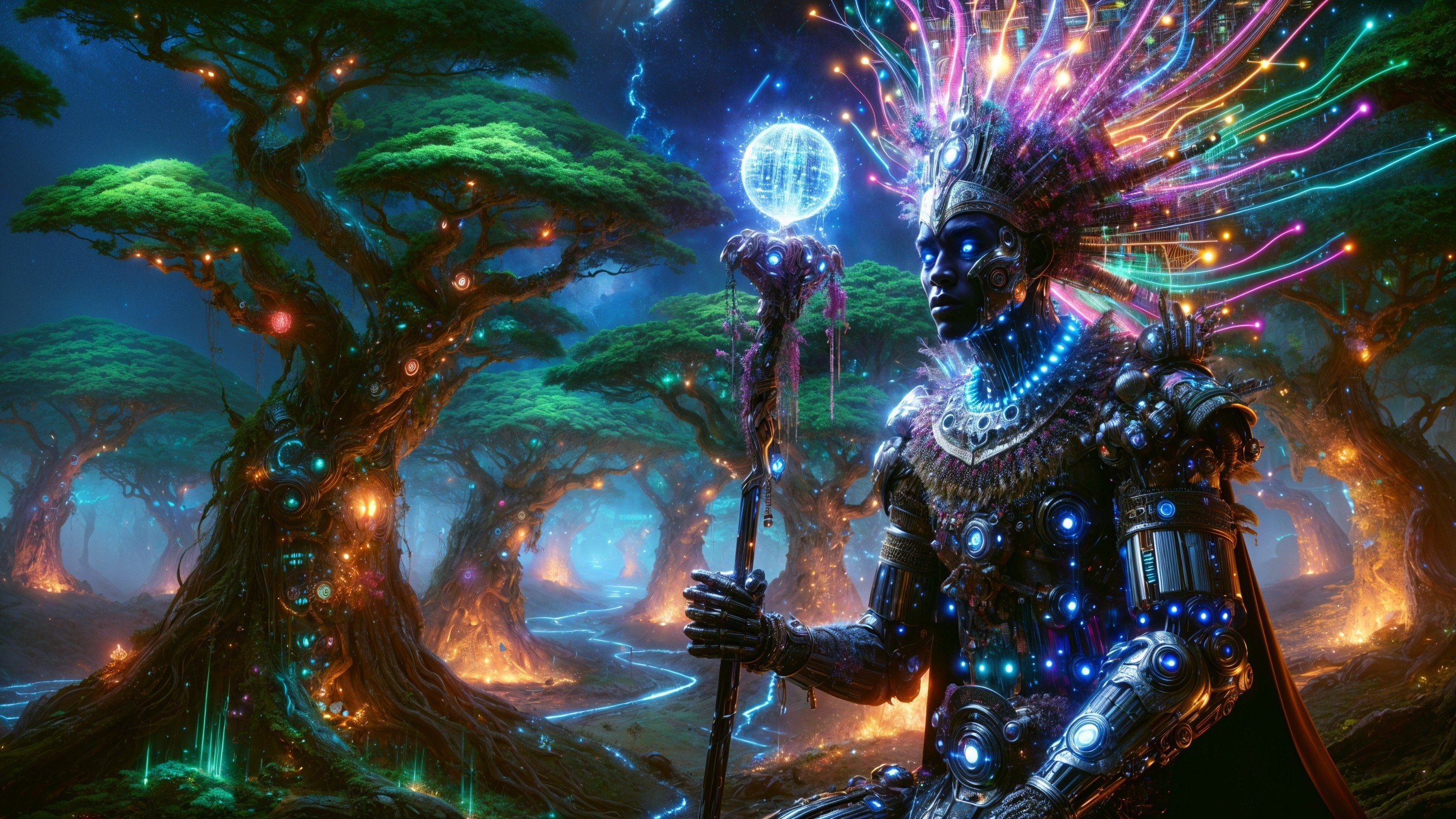 Mystical Landscape with Glowing Armor and Trees