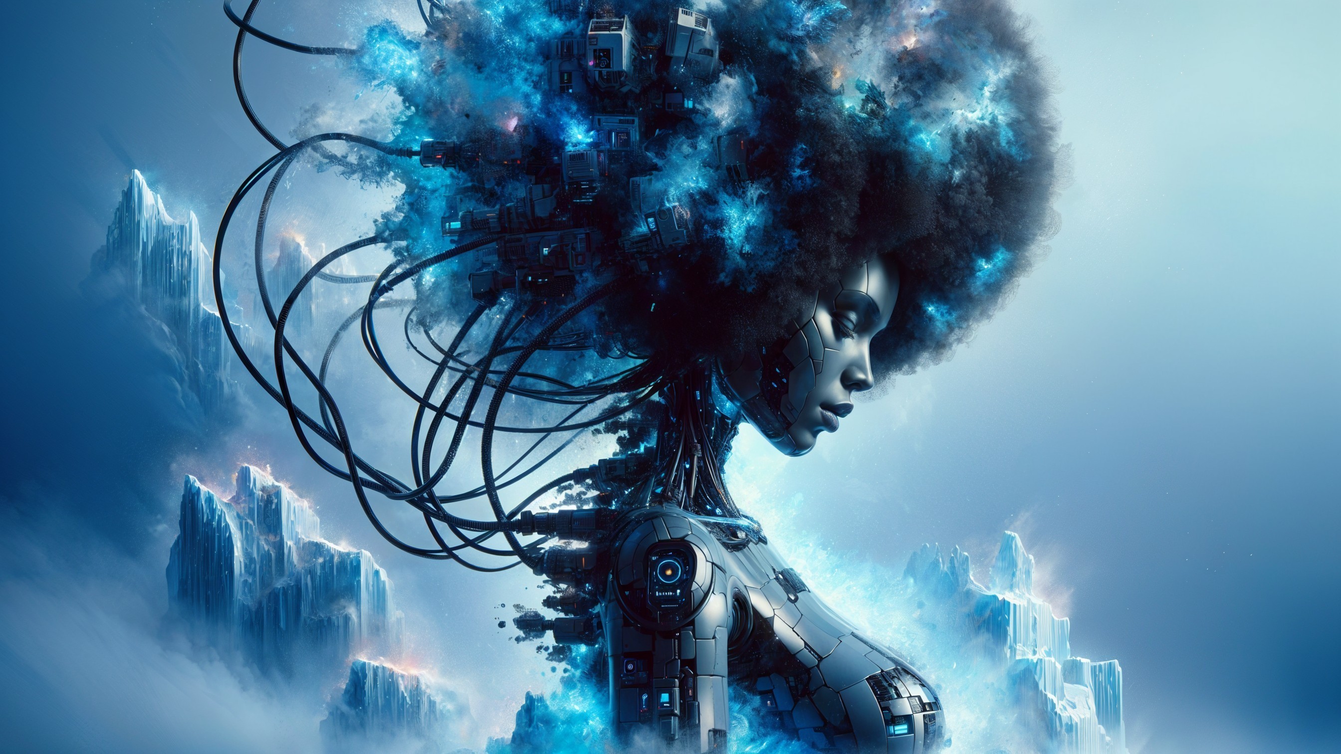 Futuristic humanoid with glowing circuitry hairstyle