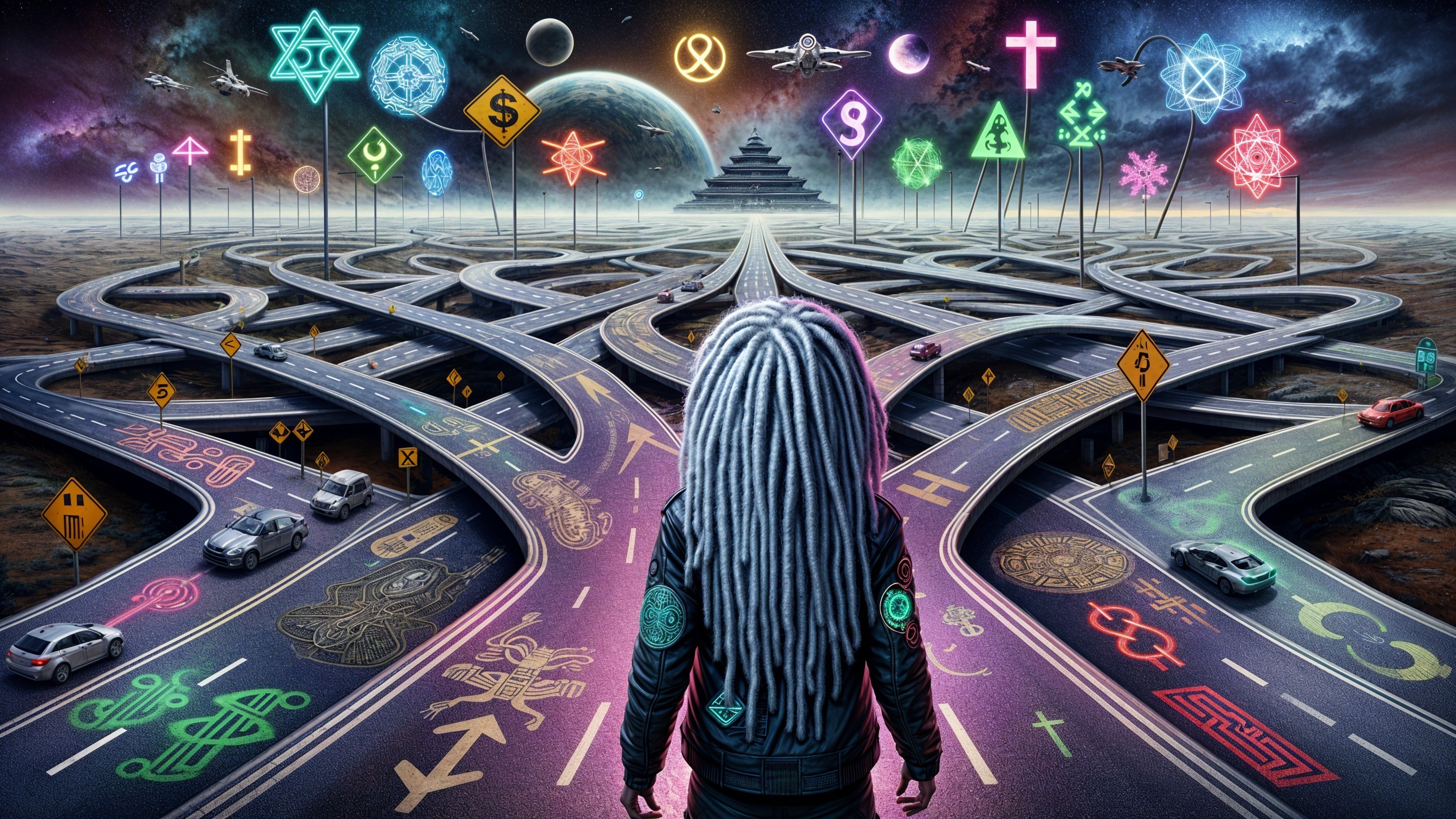 Surreal Landscape with Dreadlocked Figure and Symbols