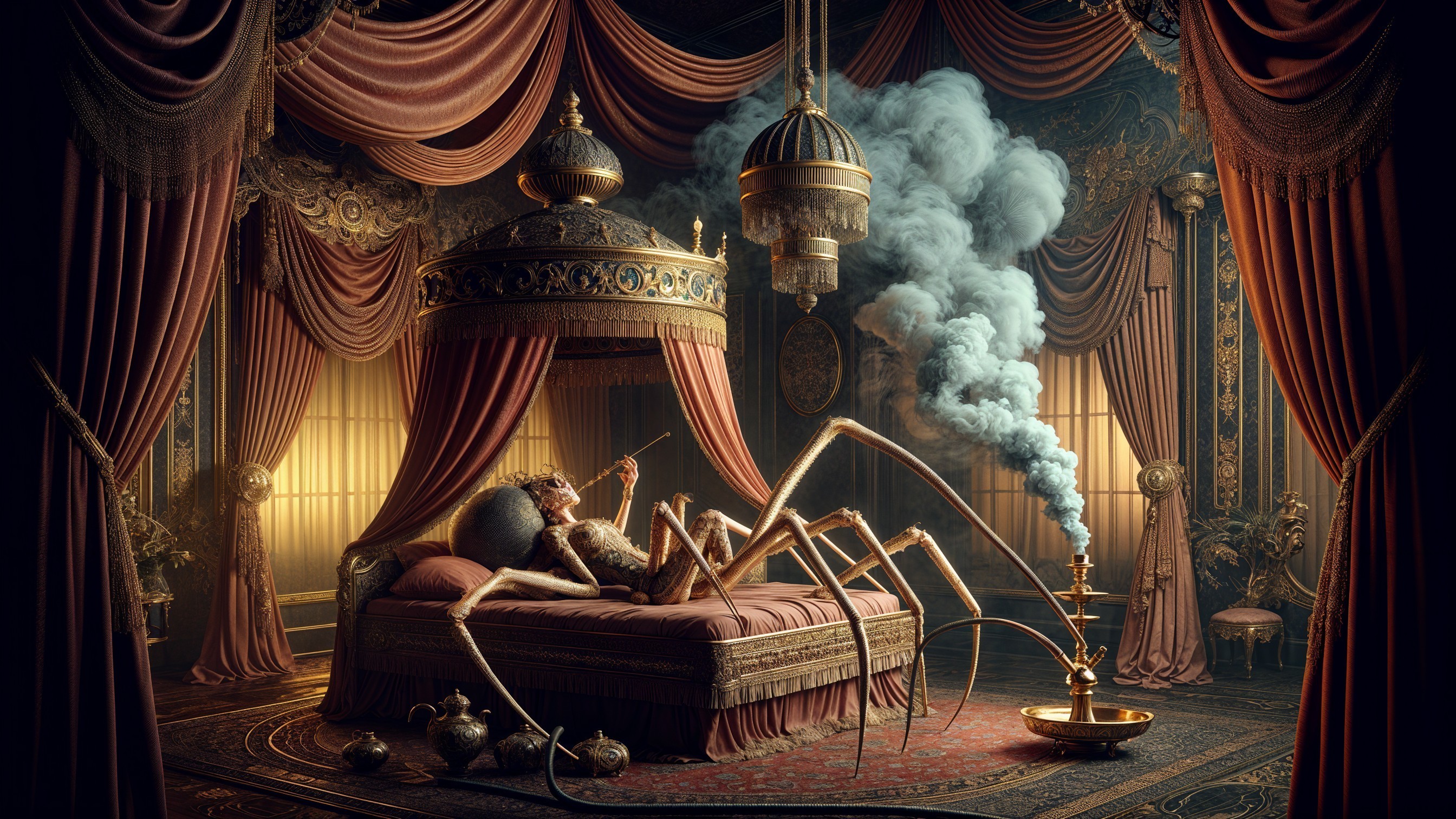 Surreal Scene of Human and Spider in Opulent Room