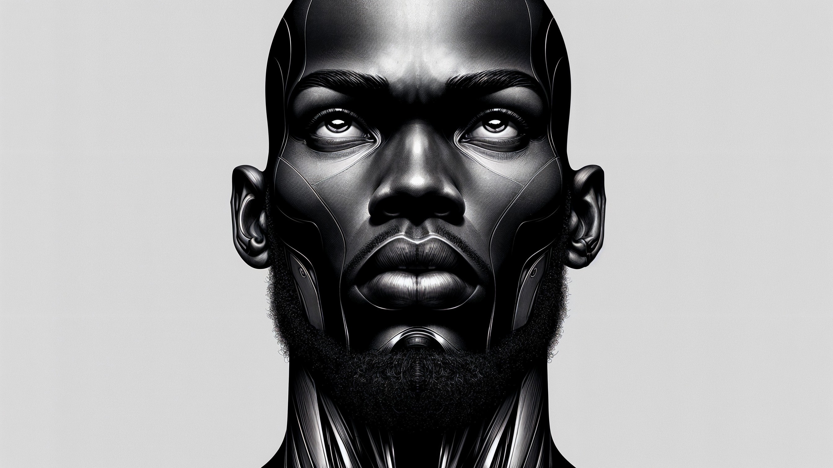 Hyper-realistic humanoid figure with robotic elements