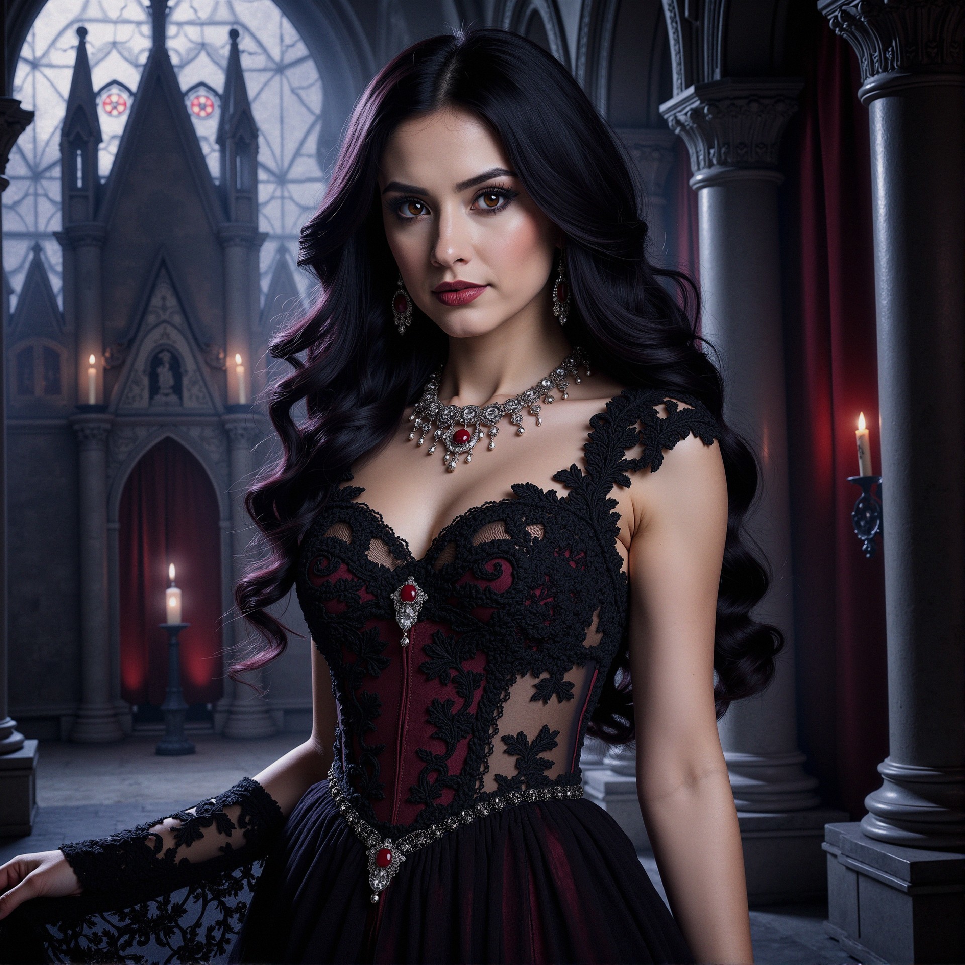 Gothic Setting with Woman in Elegant Black and Red Dress