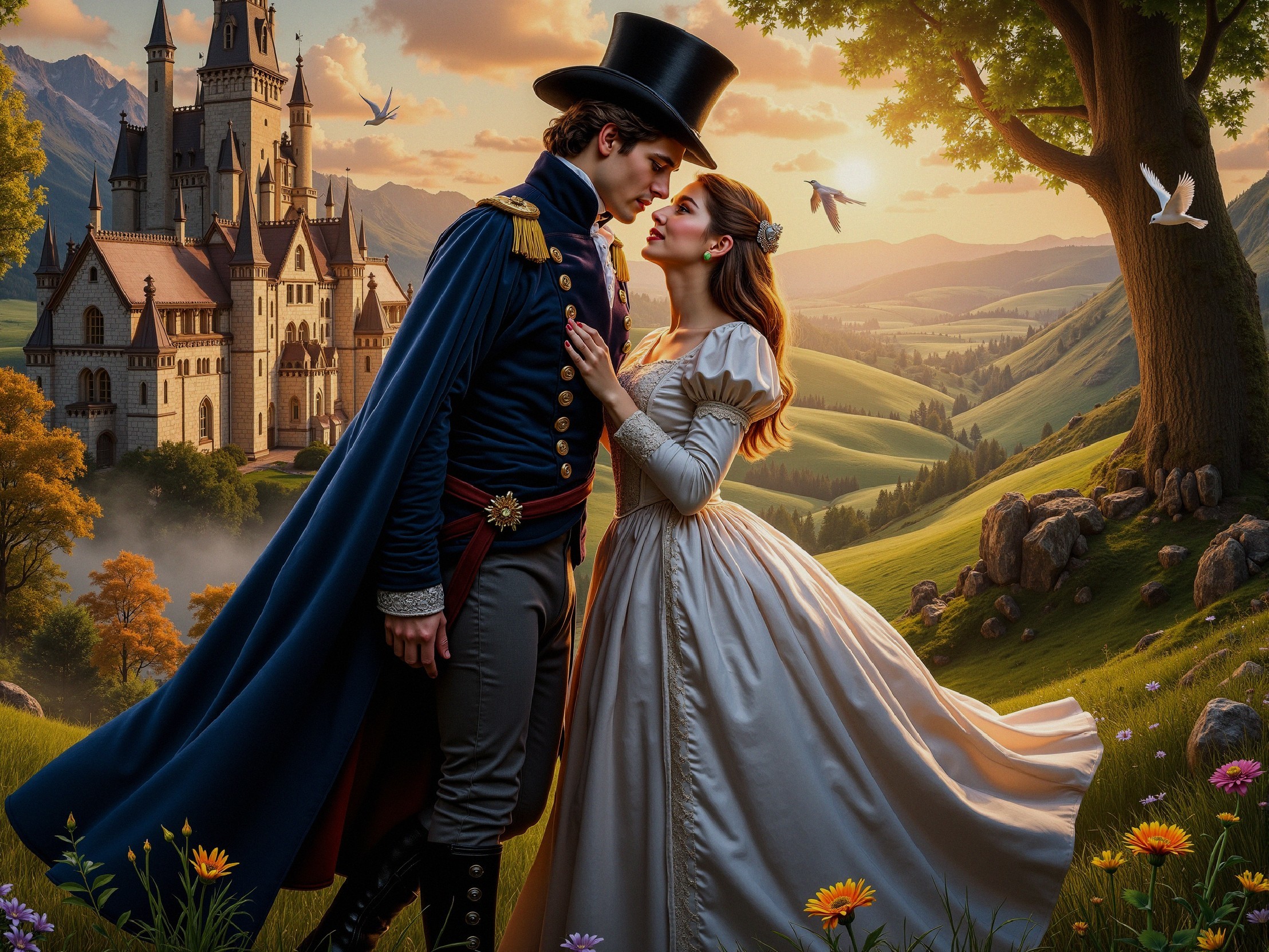 Couple in Romantic Landscape with Castle Background