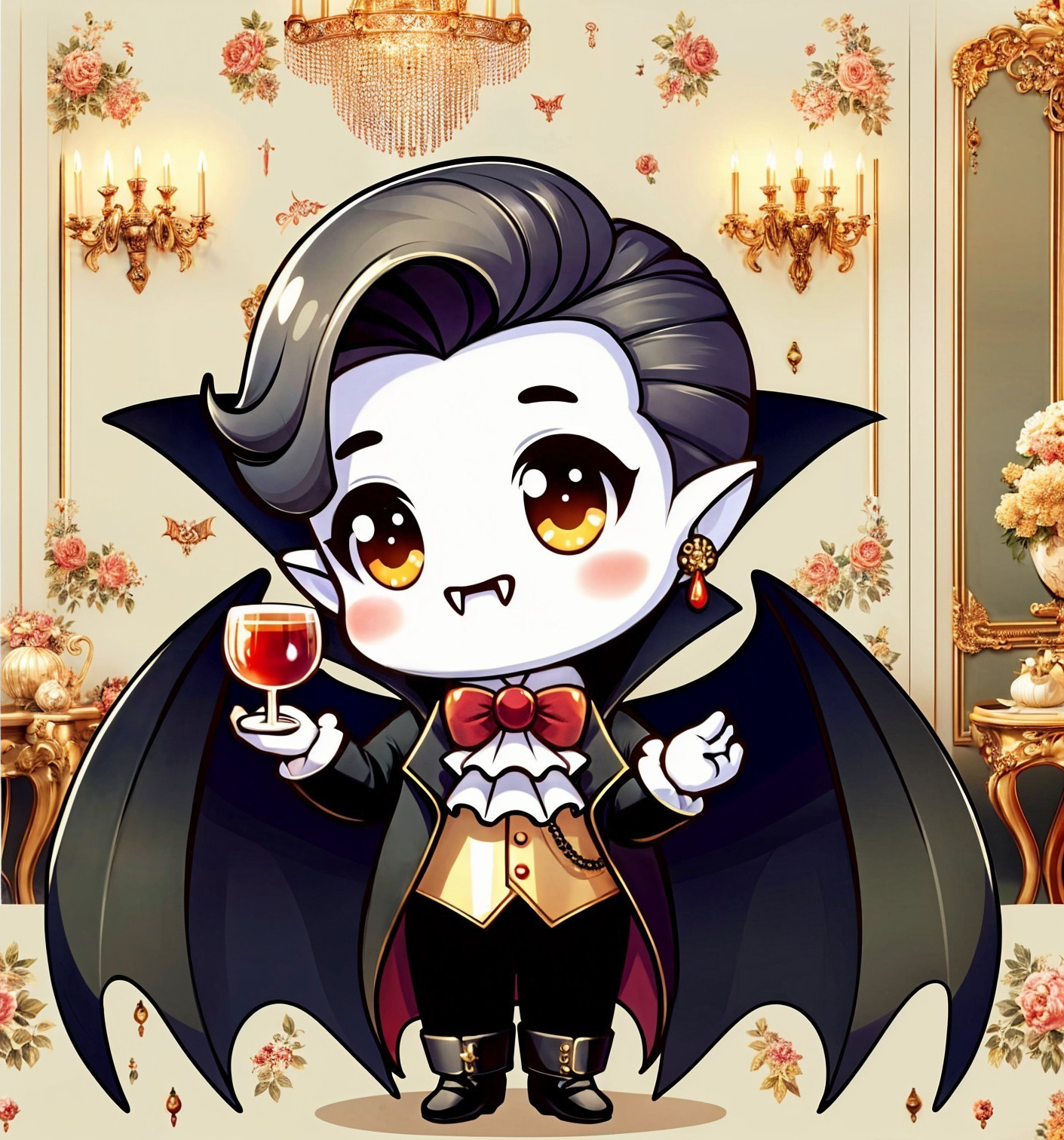 Charming chibi vampire character with elegant background
