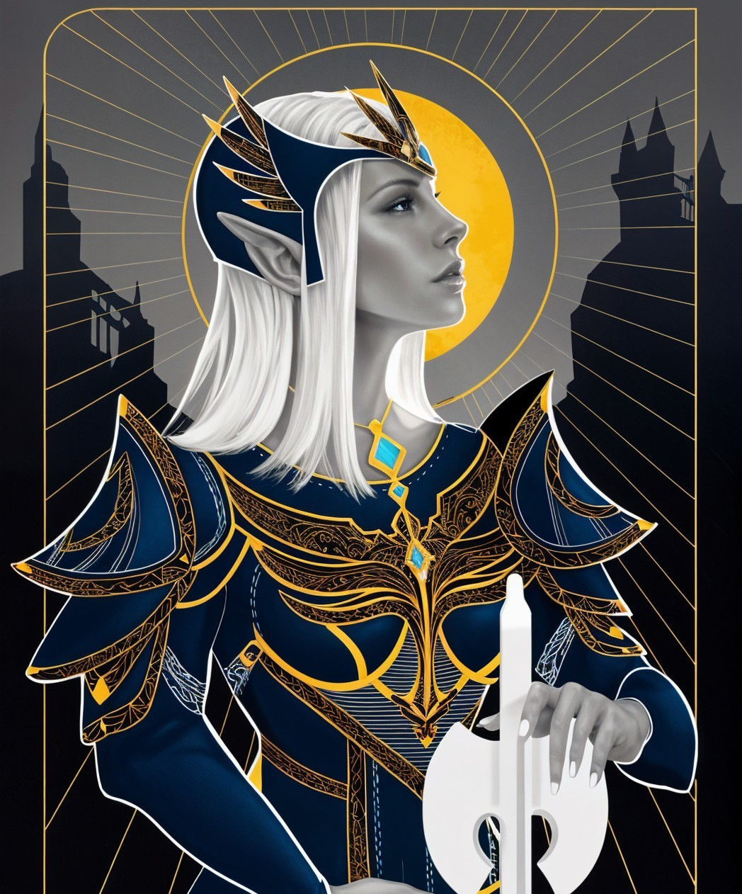 Regal elf in gold armor against dark cityscape backdrop