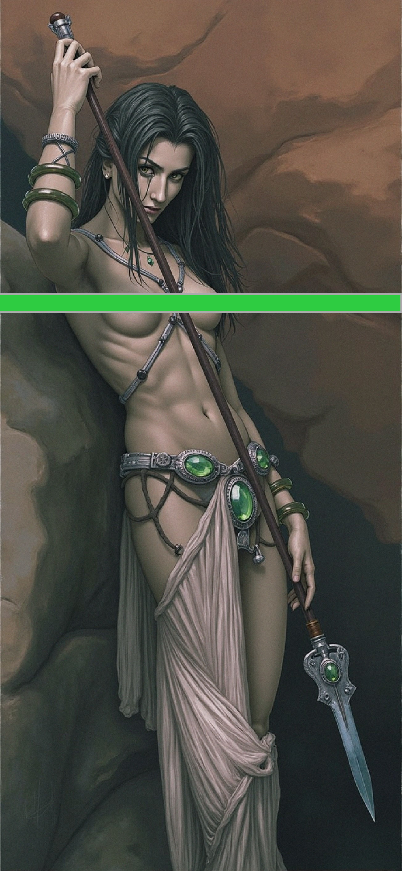 Fierce Female Warrior in Flowing Fabric and Jewelry