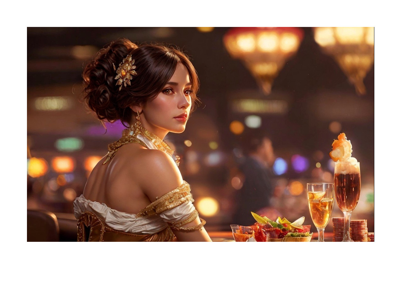 Elegant Woman in Off-Shoulder Gown at a Bar