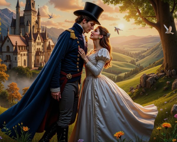 Couple in Romantic Landscape with Castle Background