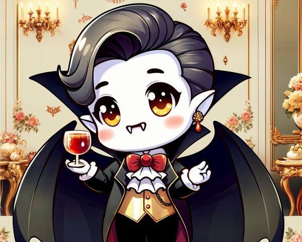 Charming chibi vampire character with elegant background