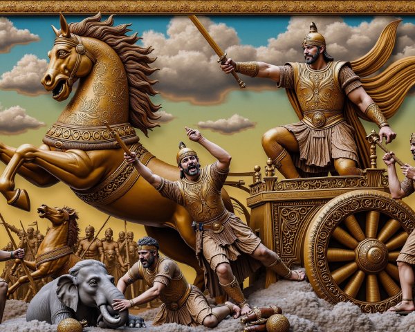 Epic battle scene with warriors and chariots