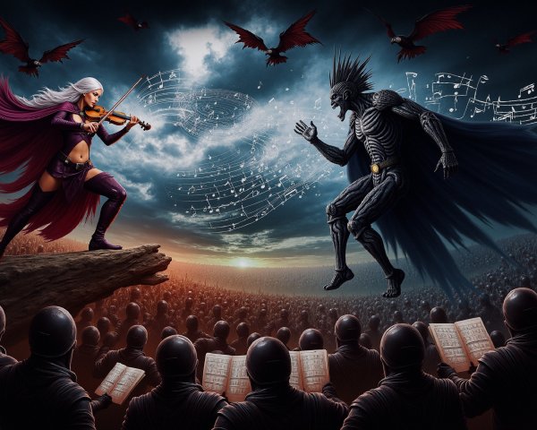 Dramatic Battle Scene with Violinist and Dark Figure
