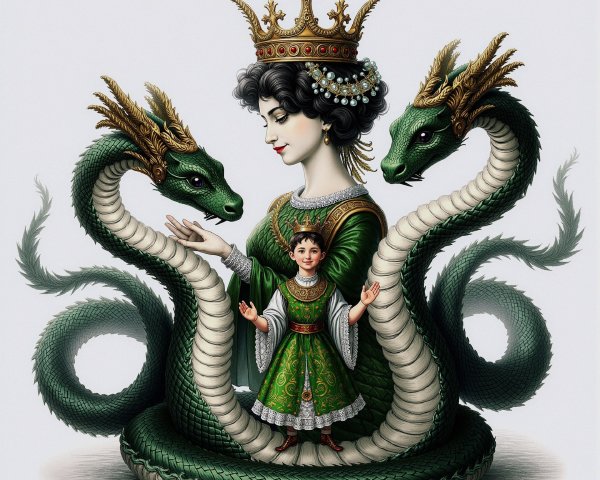 Regal woman with dragons and child in vibrant attire