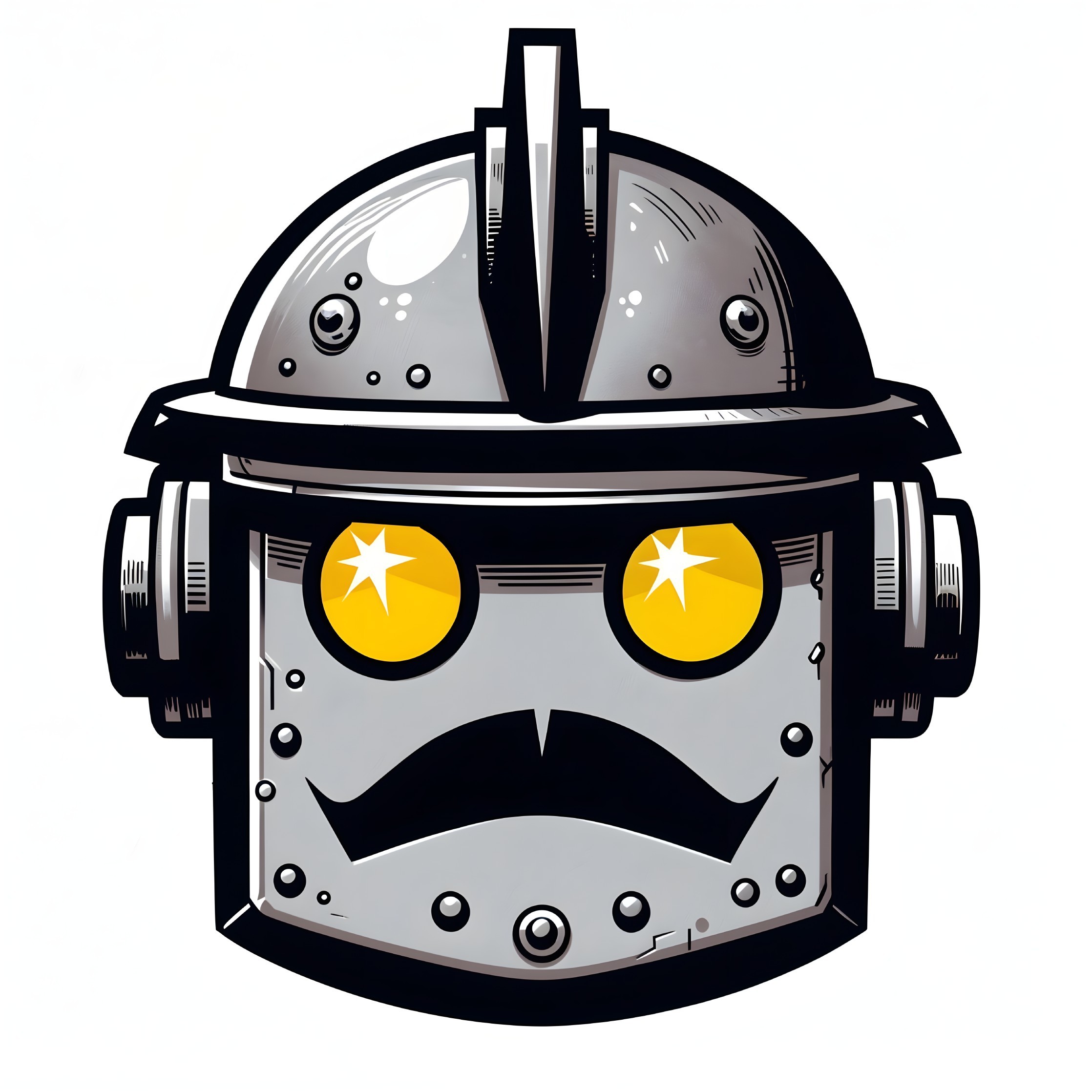 Stylized Robot Head with Silver Helmet and Mustache