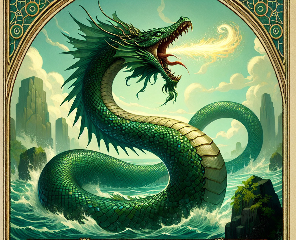 Majestic green dragon above turbulent ocean waves