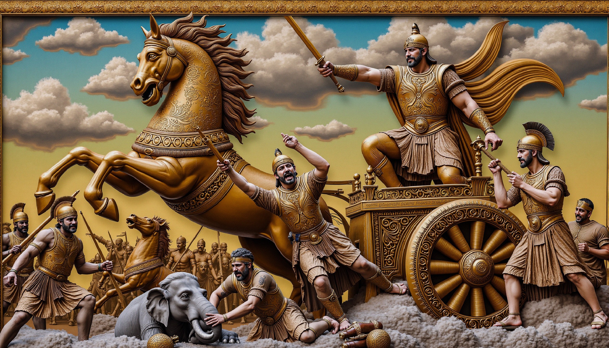 Epic battle scene with warriors and chariots