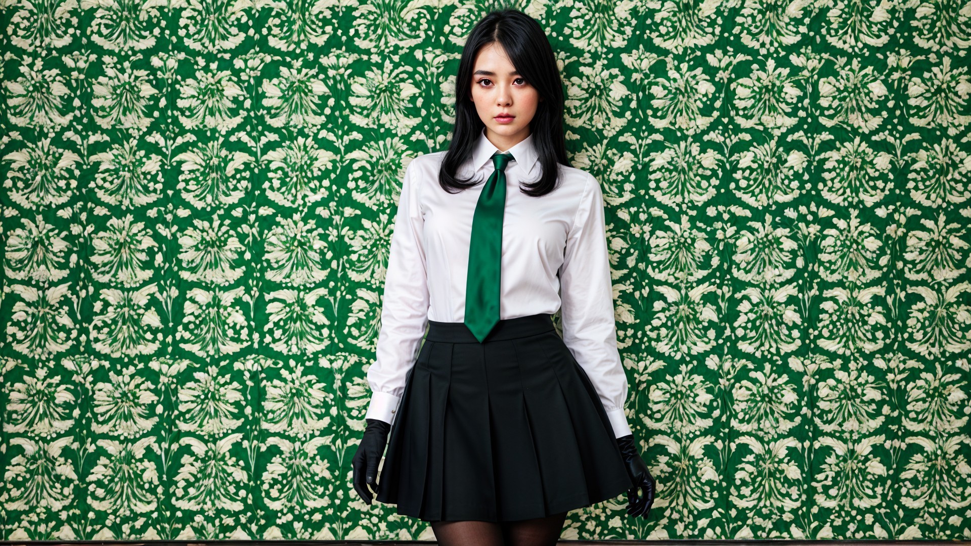 Young woman in white shirt and green tie against floral backdrop