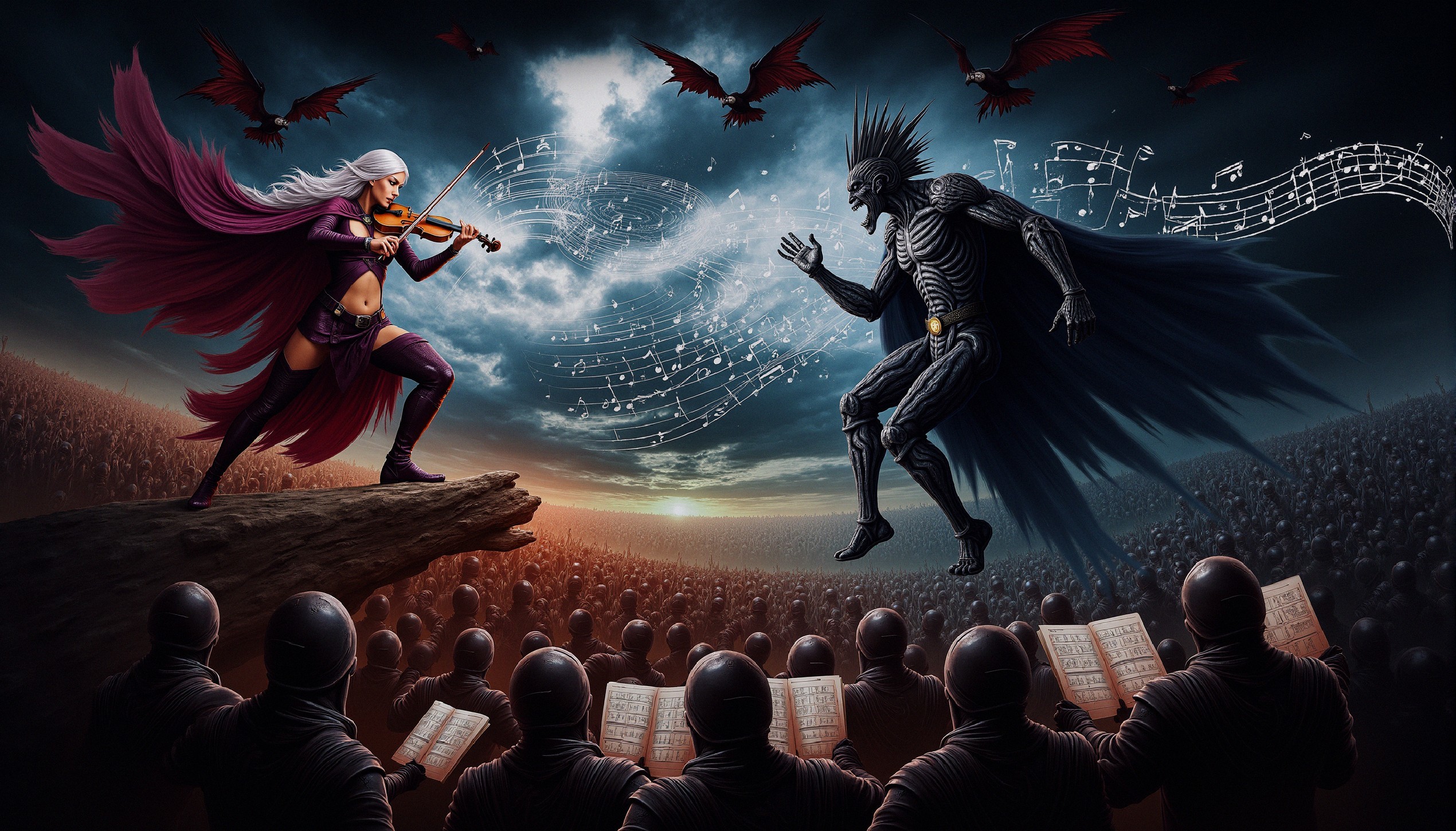 Dramatic Battle Scene with Violinist and Dark Figure