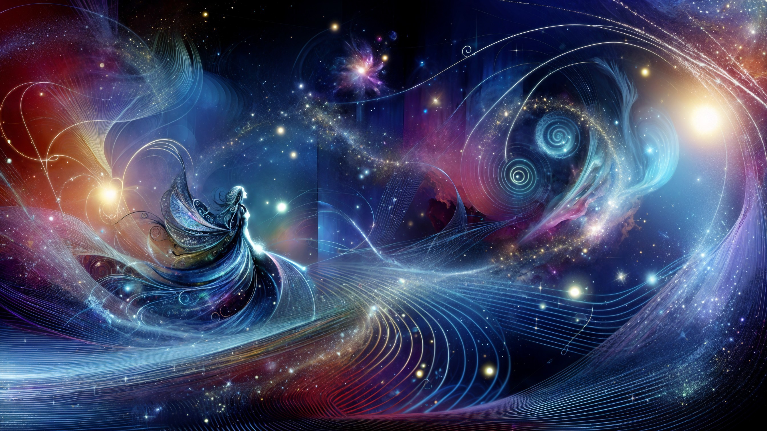 Cosmic Scene with Galaxies and Ethereal Figure