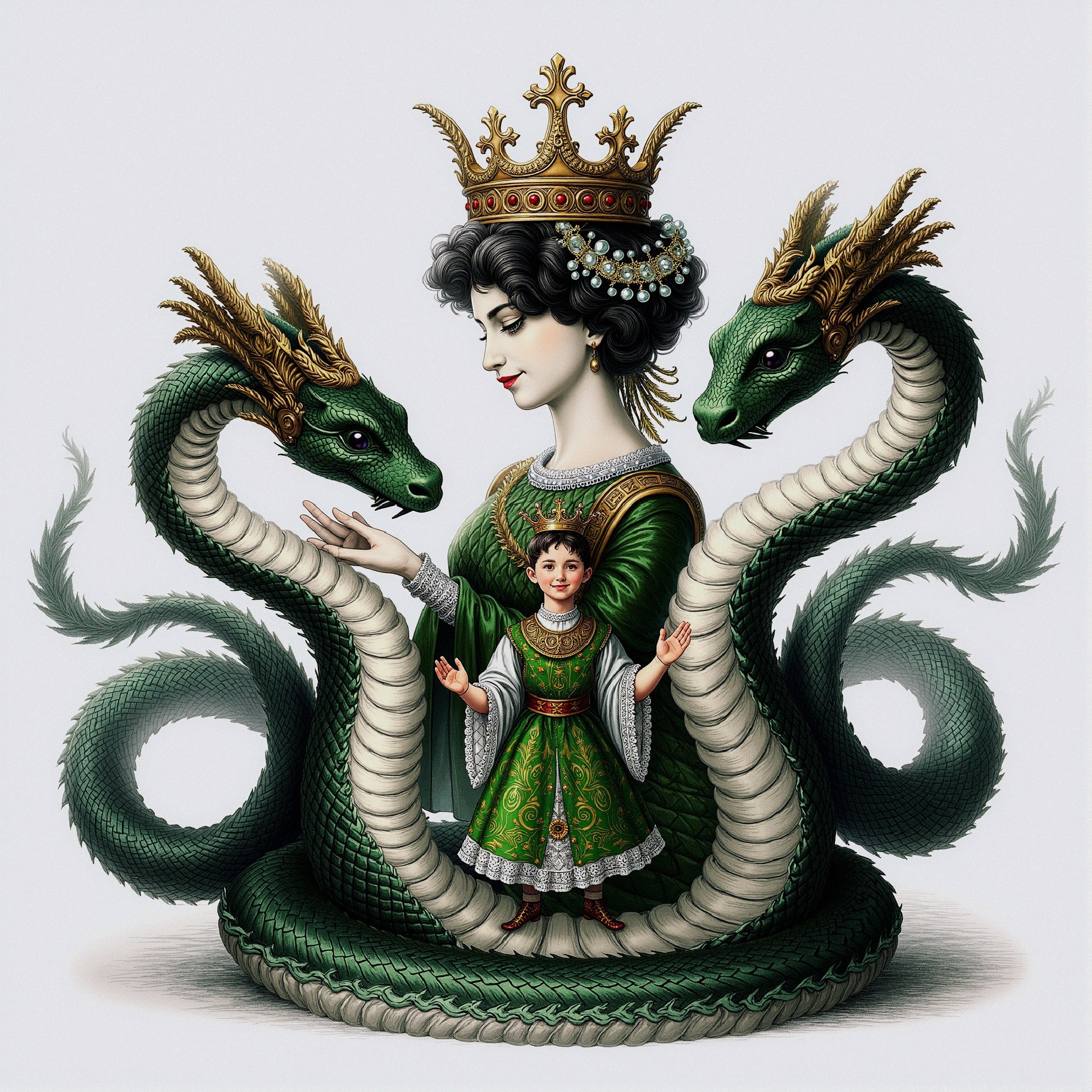 Regal woman with dragons and child in vibrant attire